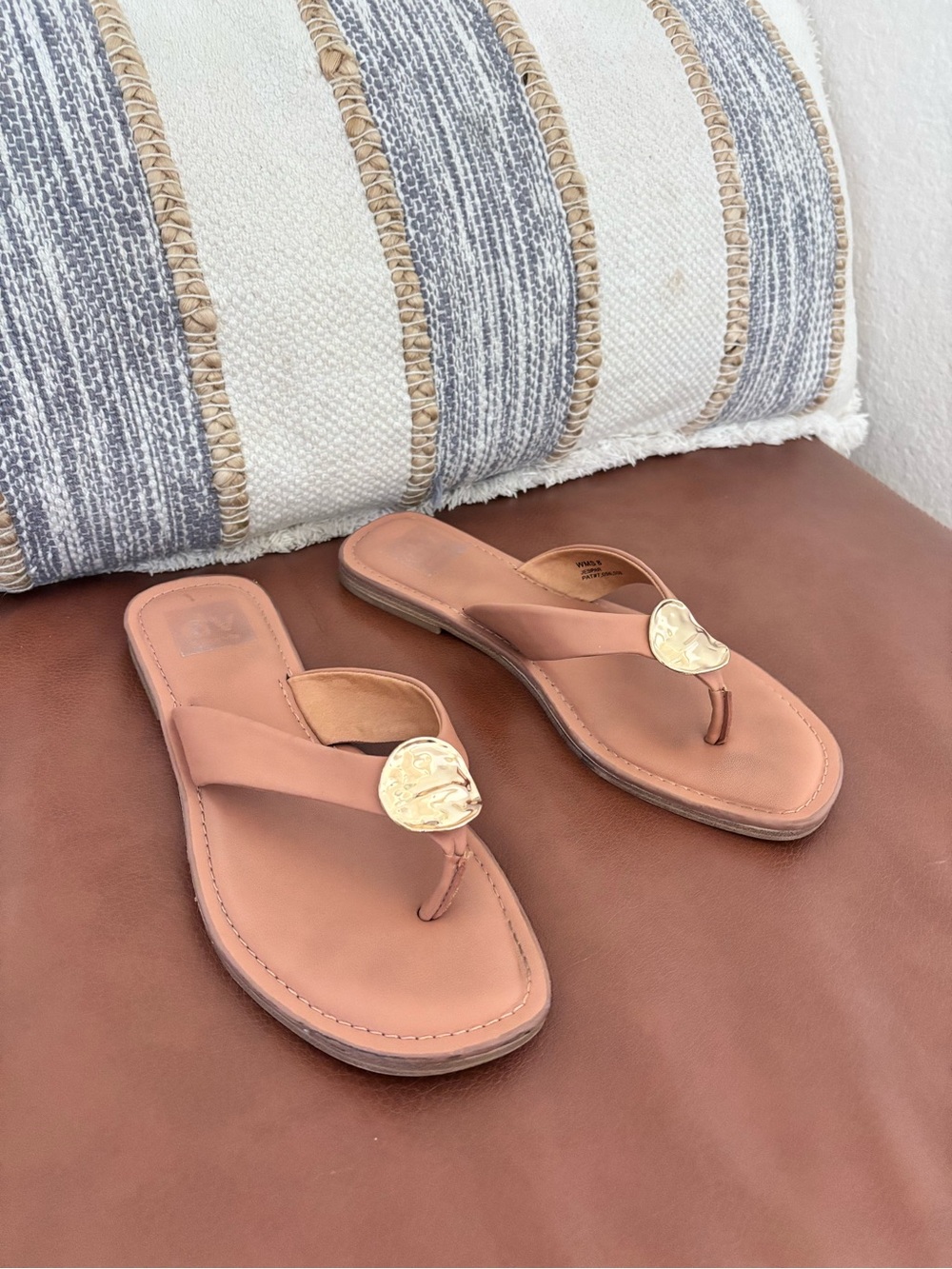 Dolce Vita Nude Tan Leather Thong Sandals with Gold Medallion
